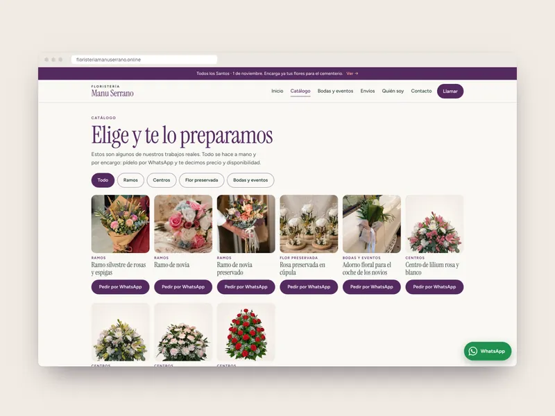 Catálogo de la web en escritorio, con filtros por categoría y botón de pedido por WhatsApp en cada producto