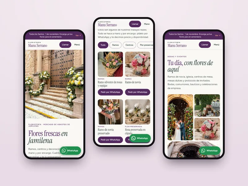 Inicio, catálogo y página de bodas y eventos de la web en el móvil